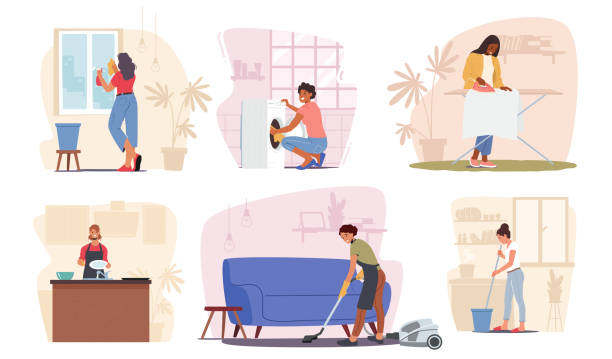 Set of Household Activities, Woman Mopping Floor, Cleaning Home Window, Ironing Clothes, Washing Dishes and Put Dirty Linen into Machine. Housekeeping Management of Duties. Cartoon Vector Illustration