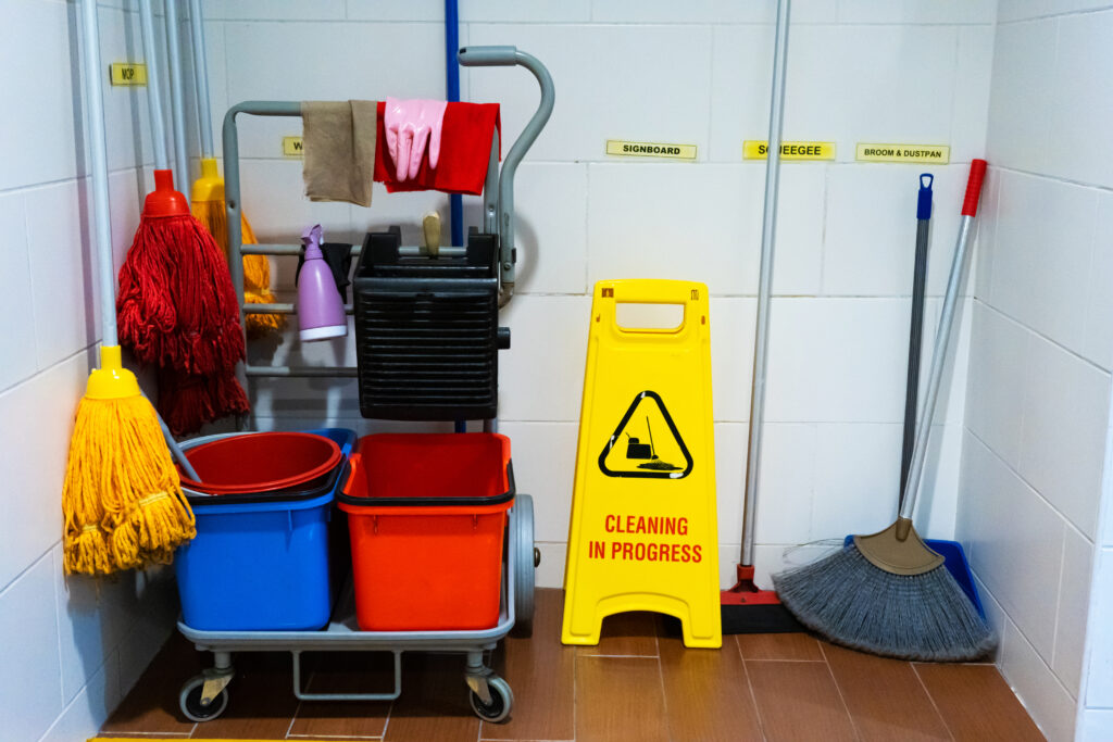 Keep mops in a dedicated space to prevent cross-contamination with other cleaning tools mop