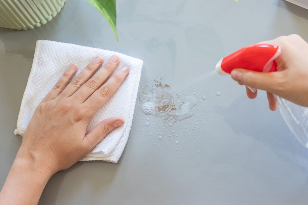 A girl remove stains, scratches,